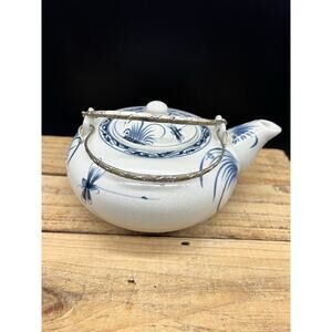 Blue Dragonfly Pottery Teapot Bat Trang Hanoi Vietnamese Tea Collectible Vintage
